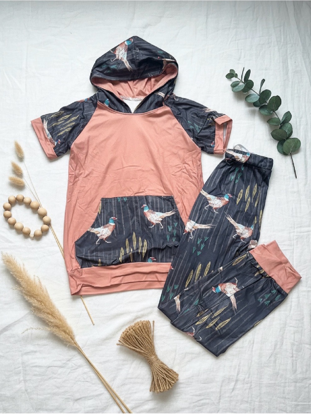 Kids Two-Piece Hooded Set - Blush Pink & Charcoal Bird Print